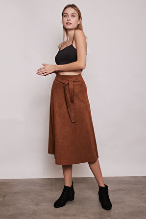 Hafif Likralı Süet Kumaş Yüksek Bel Kiloş Uzun Etek