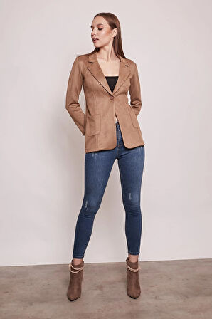 Süet Kumaş Cep Detaylı Düğmeli Şık Blazer Ceket-Camel
