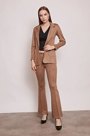 Süet Kumaş Cep Detaylı Düğmeli Şık Blazer Ceket-Camel