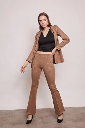 Süet Kumaş Cep Detaylı Düğmeli Şık Blazer Ceket-Camel