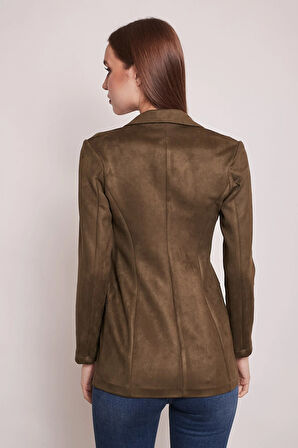 Süet Kumaş Cep Detaylı Düğmeli Şık Blazer Ceket-Haki