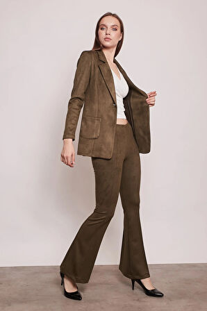 Süet Kumaş Cep Detaylı Düğmeli Şık Blazer Ceket-Haki