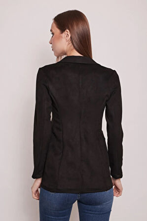Süet Kumaş Cep Detaylı Düğmeli Şık Blazer Ceket-Siyah