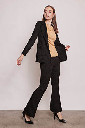 Süet Kumaş Cep Detaylı Düğmeli Şık Blazer Ceket-Siyah