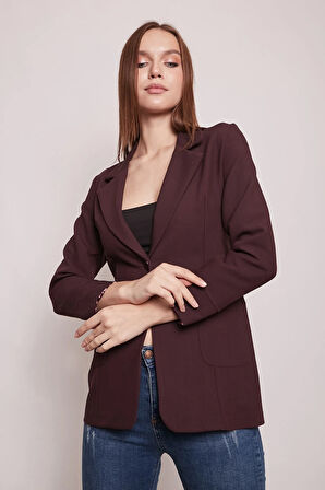 Yakalı Cepli Uzun Kol Katlamalı Blazer Kumaş Ceket-Mürdüm