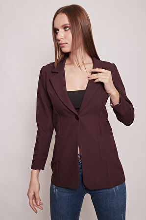 Yakalı Cepli Uzun Kol Katlamalı Blazer Kumaş Ceket-Mürdüm