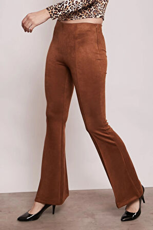 Süet Likralı Kumaş Yüksek Bel Ön Arka Dikişli İsanyol Paça Tayt Pantolon-Taba