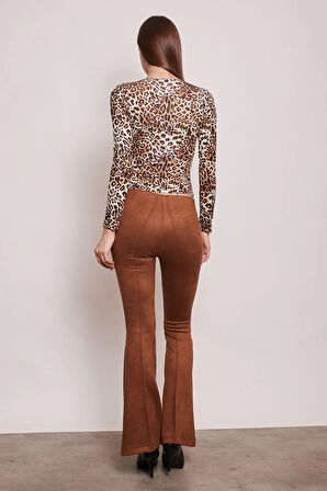 Süet Likralı Kumaş Yüksek Bel Ön Arka Dikişli İsanyol Paça Tayt Pantolon-Taba