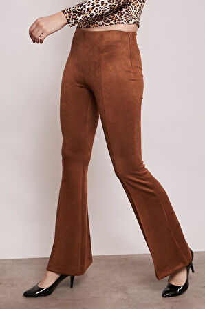 Süet Likralı Kumaş Yüksek Bel Ön Arka Dikişli İsanyol Paça Tayt Pantolon-Taba