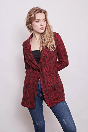 Ekose Desenli Yakalı Uzun Kol Tek Düğme Yünlü Kumaş Blazer Ceket-Bordo Ekose 