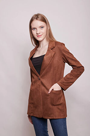 Süet Kumaş Cep Detaylı Düğmeli Şık Blazer Ceket-Taba