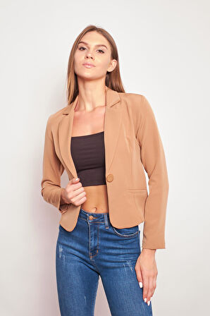 Yakalı Flato Cepli Uzun Kol Pamuklu Kumaş Kısa Blazer Ofis Ceket-Camel
