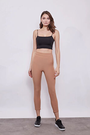 Yüksek Bel Likralı Esnek Kumaş Paça Fermuar Detaylı Şık Kumaş Pantolon-Camel