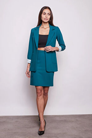 Yüksek Bel Diz Üstü Likralı Pamuklu Şık Kumaş Kalem Etek-Petrol