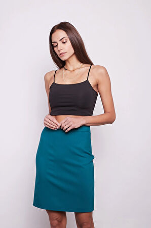 Yüksek Bel Diz Üstü Likralı Pamuklu Şık Kumaş Kalem Etek-Petrol