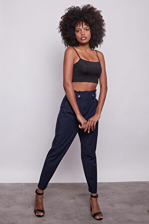 Yüksek Bel Kemerli Pile Ve Düğme Detaylı Şık Kumaş Pantolon -Lacivert