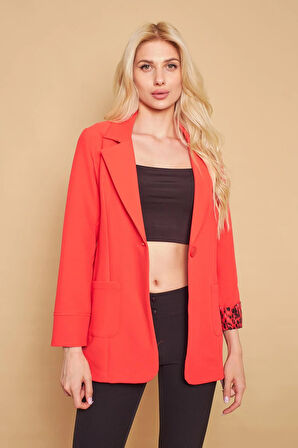 Yakalı Cepli Uzun Kol Kolu İsterse Katlanabilen Pamuklu Kumaş Blazer Ofis Ceket-Mercan