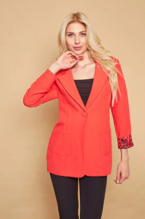 Yakalı Cepli Uzun Kol Kolu İsterse Katlanabilen Pamuklu Kumaş Blazer Ofis Ceket-Mercan