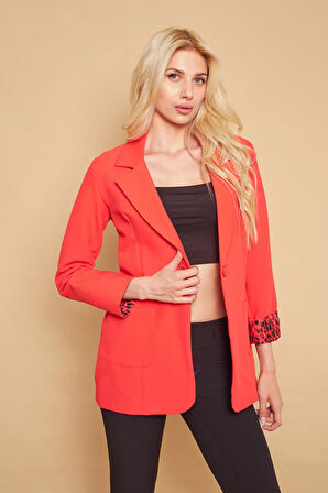 Yakalı Cepli Uzun Kol Kolu İsterse Katlanabilen Pamuklu Kumaş Blazer Ofis Ceket-Mercan