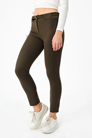 Kalın Kemerli D Tokalı Likralı Bilek Boy Kumaş Pantolon-Haki