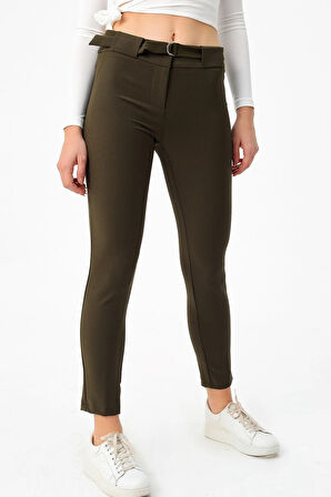 Kalın Kemerli D Tokalı Likralı Bilek Boy Kumaş Pantolon-Haki