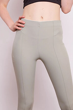 Power Strech Likralı Dar Kesim Yüksek Bel Beli Lastikli Bilek Boy Kumaş Pantolon-Çağla Yeşil