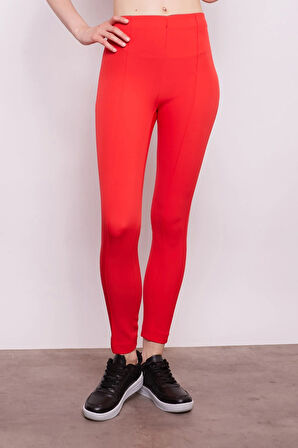 Power Strech Likralı Dar Kesim Yüksek Bel Beli Lastikli Bilek Boy Kumaş Pantolon-Mercan