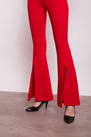 Kadın Yüksek Bel Önü Dikişli Yırtmaçlı İspanyol Paça Likralı Kumaş Pantolon -Kırmızı