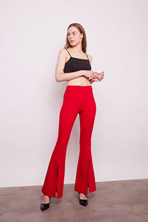 Kadın Yüksek Bel Önü Dikişli Yırtmaçlı İspanyol Paça Likralı Kumaş Pantolon -Kırmızı