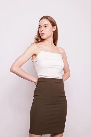 Yüksek Bel Diz Üstü Likralı Pamuklu Şık Kumaş Kalem Etek-Haki