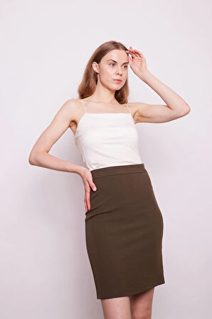 Yüksek Bel Diz Üstü Likralı Pamuklu Şık Kumaş Kalem Etek-Haki