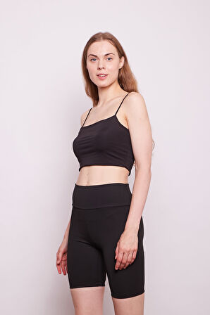 Yüksek Bel Esnek Fitilli Kumaş Biker Şort Toparlayıcı Spor Tayt-Siyah