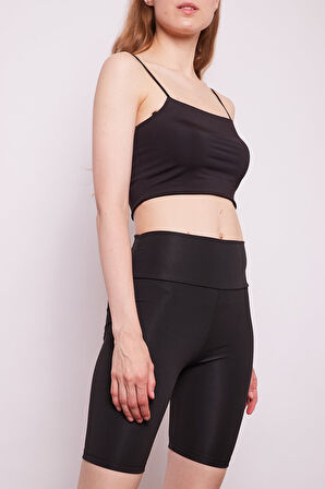 Yüksek Bel Dalgıç Kumaş Biker Şort Toparlayıcı Spor Tayt-Siyah