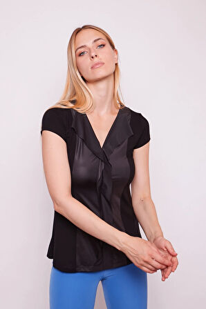 Lak Detaylı Kısa Kol Likralı Bluz-Siyah