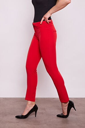 Kalın Kemerli D Tokalı Likralı Bilek Boy Kumaş Pantolon-Kırmızı