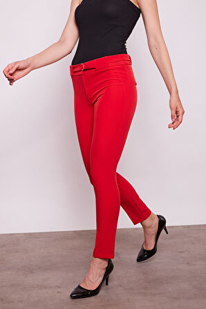 Kalın Kemerli D Tokalı Likralı Bilek Boy Kumaş Pantolon-Kırmızı