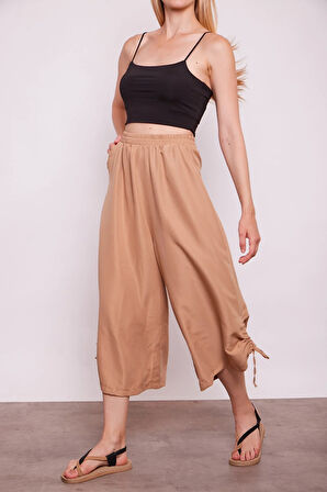 İç Göstermez Viskon Poplin Yüksek Bel Bol Paça Büzgülü Pantolon -Camel 