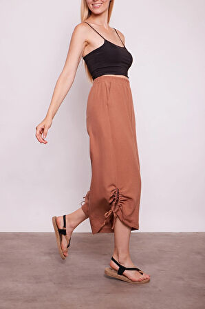 İç Göstermez Viskon Poplin Yüksek Bel Bol Paça Büzgülü Pantolon -Tarçın 