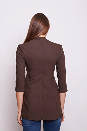 Hakim Yaka Flato Cepli Kolu Yırtmaçlı Uzun Blazer Pamuklu Likralı Kumaş Ceket -Kahve 