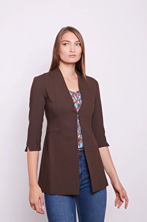 Hakim Yaka Flato Cepli Kolu Yırtmaçlı Uzun Blazer Pamuklu Likralı Kumaş Ceket -Kahve 