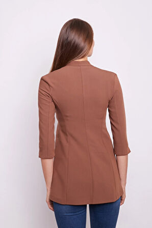 Hakim Yaka Flato Cepli Kolu Yırtmaçlı Uzun Blazer Pamuklu Likralı Kumaş Ceket -Taba