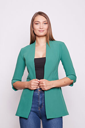 Hakim Yaka Flato Cepli Kolu Yırtmaçlı Uzun Blazer Pamuklu Likralı Kumaş Ceket -Yeşil