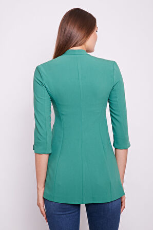 Hakim Yaka Flato Cepli Kolu Yırtmaçlı Uzun Blazer Pamuklu Likralı Kumaş Ceket -Yeşil