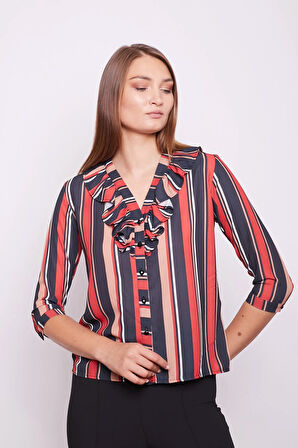 Desenli V Yaka Yakası Fırfırlı Capri Kol Gömlek -Turuncu Çizgi 