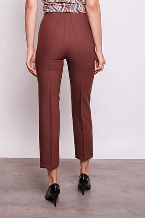 Kadın Yüksek Bel Önü Dikişli Beli Apoletli Düğmeli Boru Paça Kumaş Pantolon -Kahve