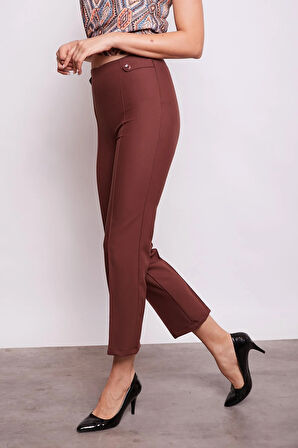 Kadın Yüksek Bel Önü Dikişli Beli Apoletli Düğmeli Boru Paça Kumaş Pantolon -Kahve