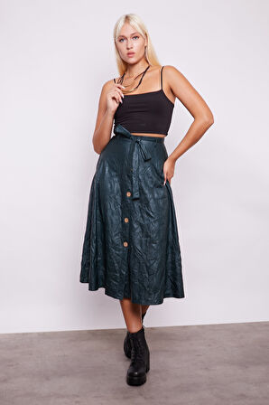 Kraş İnce Deri Yüksek Bel Yan Cepli Kiloş Uzun Etek-Zümrüt