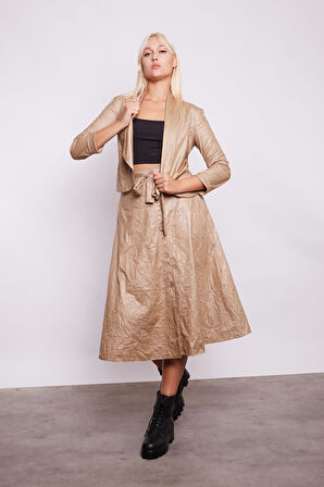 Kraş İnce Deri Yüksek Bel Yan Cepli Kiloş Uzun Etek-Bej