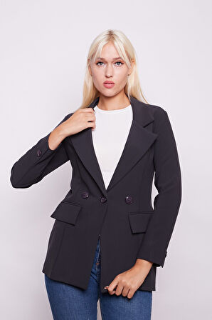 Yakalı Cep Kapaklı Kolları Düğmeli Uzun Kol Blazer Uzun Düğmeli Kumaş Ceket-Antrasit