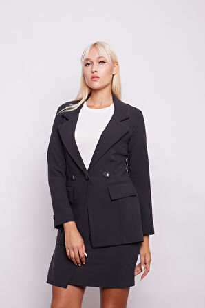 Yakalı Cep Kapaklı Kolları Düğmeli Uzun Kol Blazer Uzun Düğmeli Kumaş Ceket-Antrasit